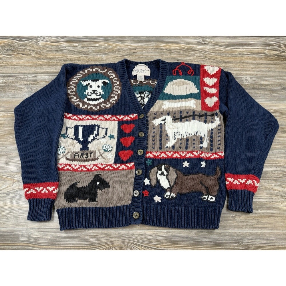 Novelty Knit Cardigan Playful Dog Print Art Teacher Granny Sweater Whimsical S